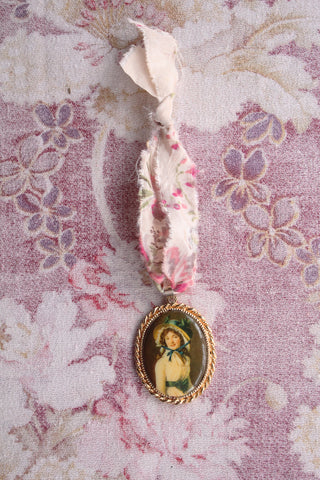 Vintage Portrait Pendant With Silk Floral Hanger