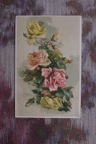 Old Embossed Postcard - Climbing Roses in Pink, Yellow & Blush