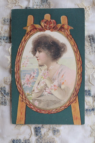 Old Postcard - Girl with Blossom in Easel