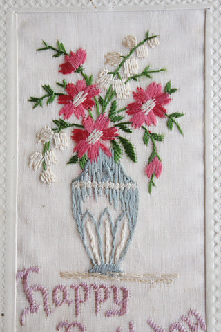 Old Embroidered Postcard - Vase of Flowers