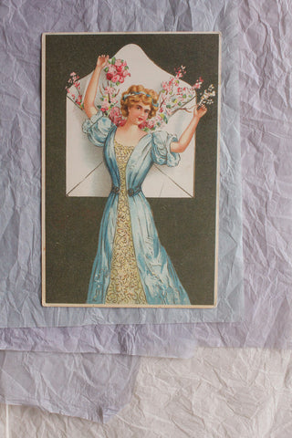 Beautiful Old French Postcard - Lady with Floral Envelope