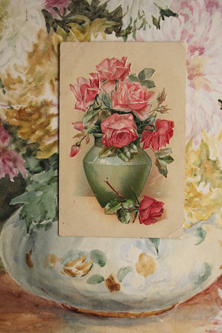 Collectable Embossed Postcard -  Vase of Pink Roses