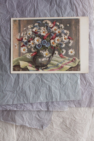 Old Postcard - Sweet Carnations & Ribbon Basket