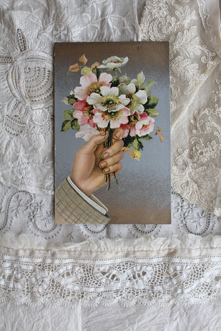 Old Postcard - Sweet Carnations & Ribbon Basket