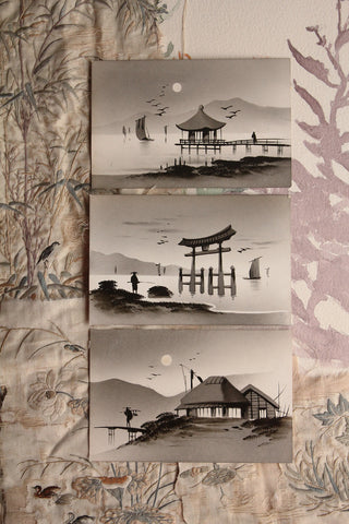Old Stencilled/Painted/Printed Japanese Inspired Postcards - set 2