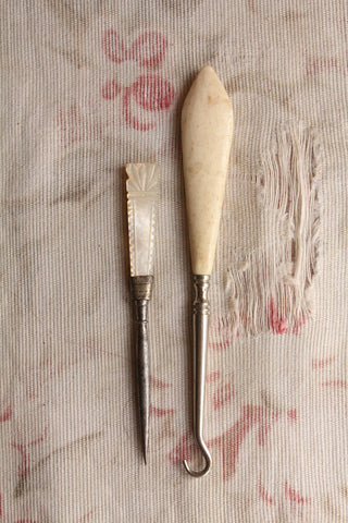 Carved Mother and Polished Stone Rug Making Tools