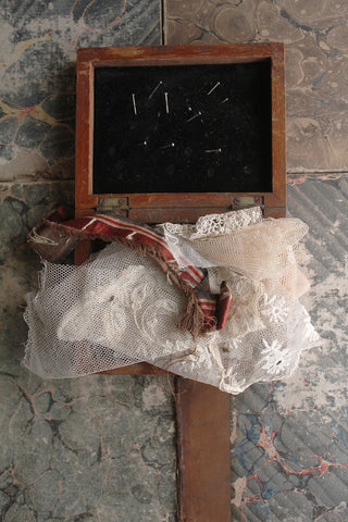 Old Wooden Pharmacist/Sewing Box Filled With Antique Lace