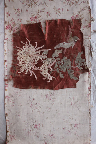 A Beautiful Reclaimed Precious Hand Embroidered Silk Panel - Chrysanthemum & Sparrow