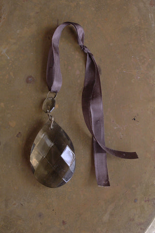 Antique French Faceted Smoked Glass Chandelier Drop With Double Satin Tie - Copper Beach Brown