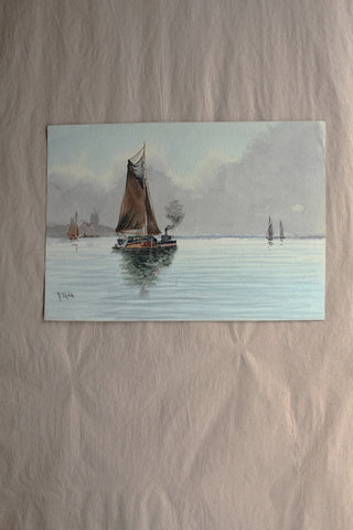 Old Small Watercolour Painting - The Waiting Boats