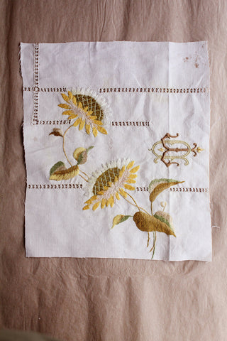 Reclaimed Antique Hand Embroidered Linen Panel - Sunflowers - No.2