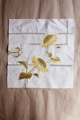 Reclaimed Antique Hand Embroidered Linen Panel - Sunflowers - No.3