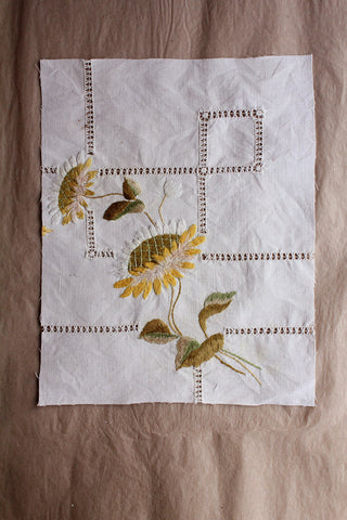 Reclaimed Antique Hand Embroidered Linen Panel - Sunflowers - No.4