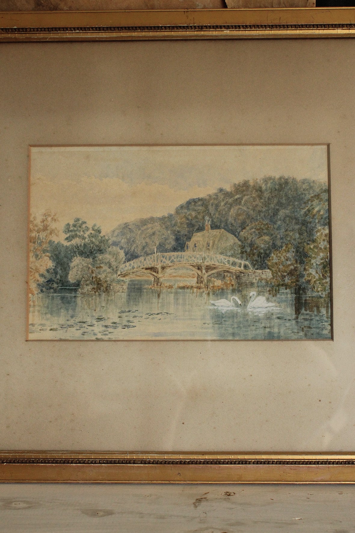 Beautiful Old Watercolour - Bridge & Two Swans