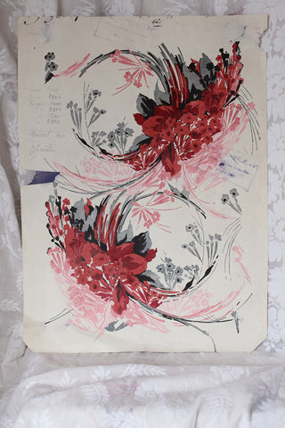 Antique Screen Printed French Textile Design - Art Nouveau Swirls