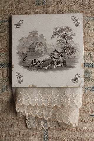 Old Rare Floral Tile - Child & Her Dog
