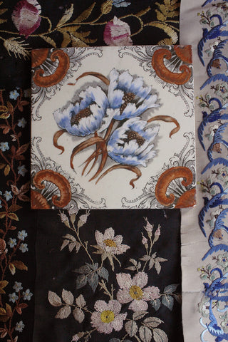 Old Rare Floral Tile - Rust & Blue