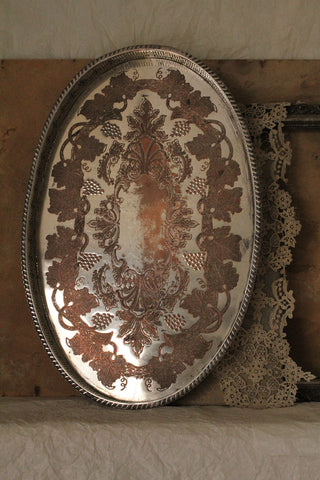 Old Decorative Worn Silver Plated & Copper Tray With Latticed Sides