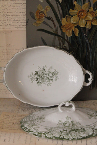 Wonderful Old Tureen - Linear Floral Green