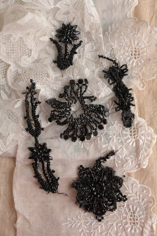 Reclaimed Victorian Hand Stitched Beaded Black Motifs - Fragments
