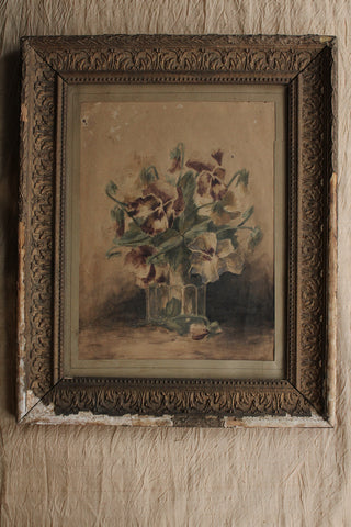 Beautiful Old Delicate Time Worn Watercolour - Violas