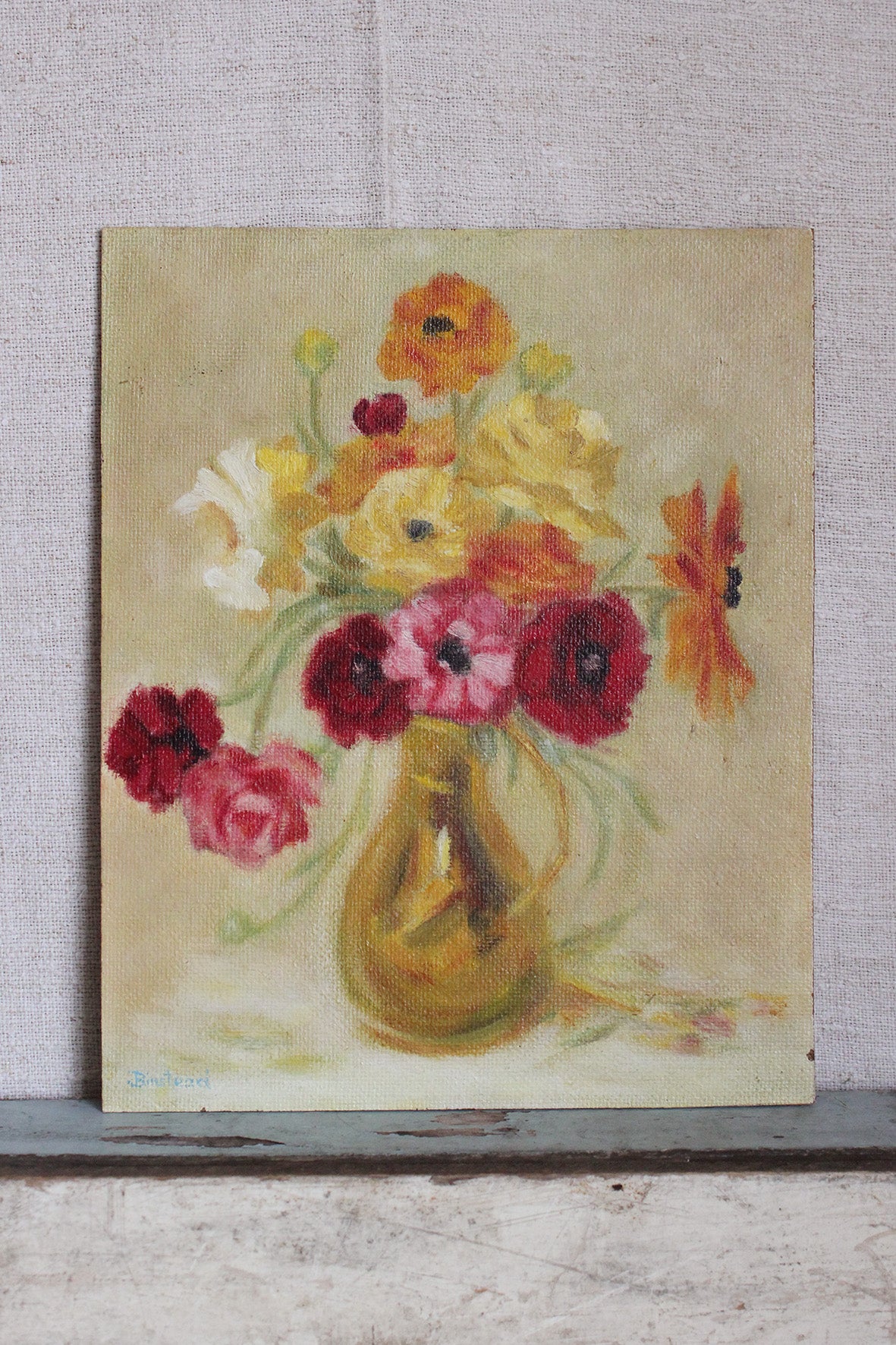 Vintage Floral Oil Painting on Board - Dancing Blooms