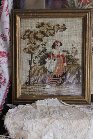 Old Couched Embroidered Netted Lace Panel Edging