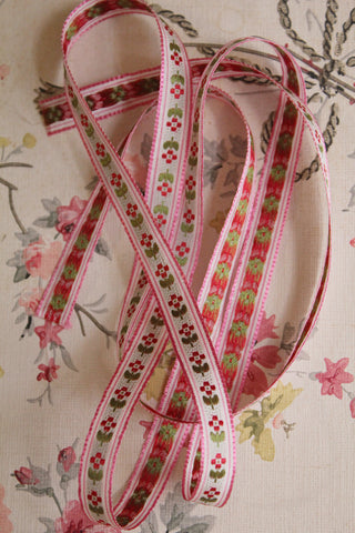 Vintage Narrow Woven Ribbon - Pink Flowers