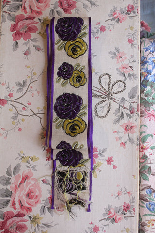 Vintage Embroidered Wide Milliners Ribbon - Purple & Yellow Roses