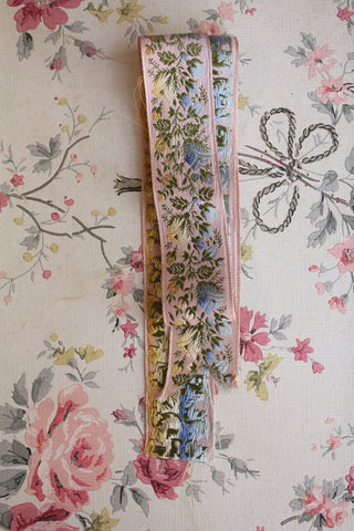Vintage Embroidered Silk Ribbon - Floral Border on Pink