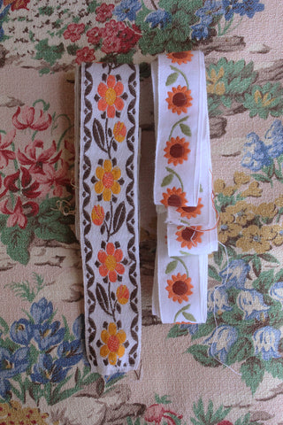 Vintage Woven & Embroidered Ribbons - Orange Sunflowers & Daisies