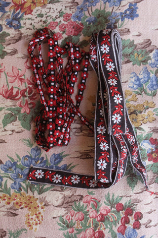 Vintage Embroidered Ribbons - Red, White & Black
