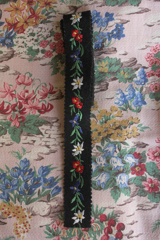 Vintage Embroidered Silk & Wool Milliners Ribbon - Bright Garland on Black