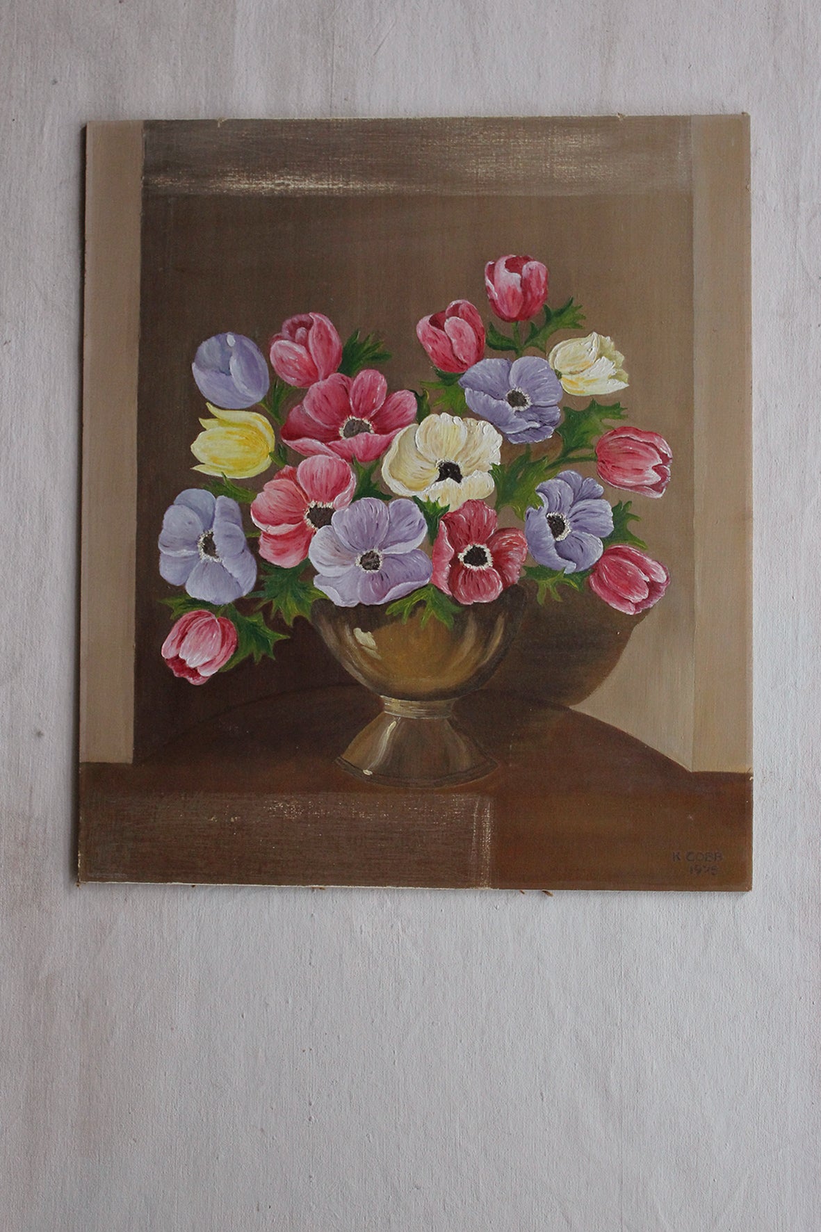 Vintage Painting on Board - Anemones and Tulips