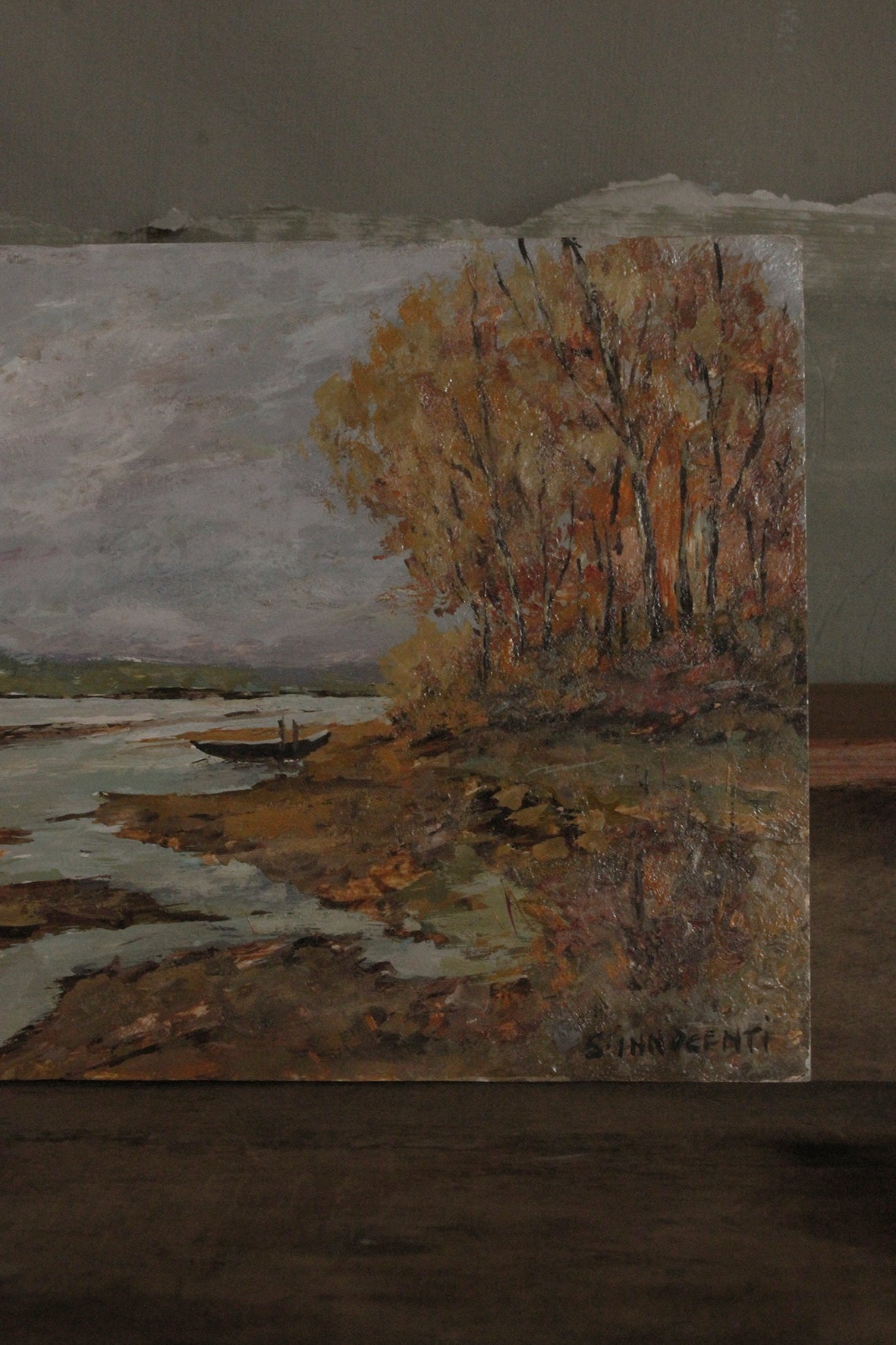 Vintage Small Italian Oil Painting - Autumn Lakeside