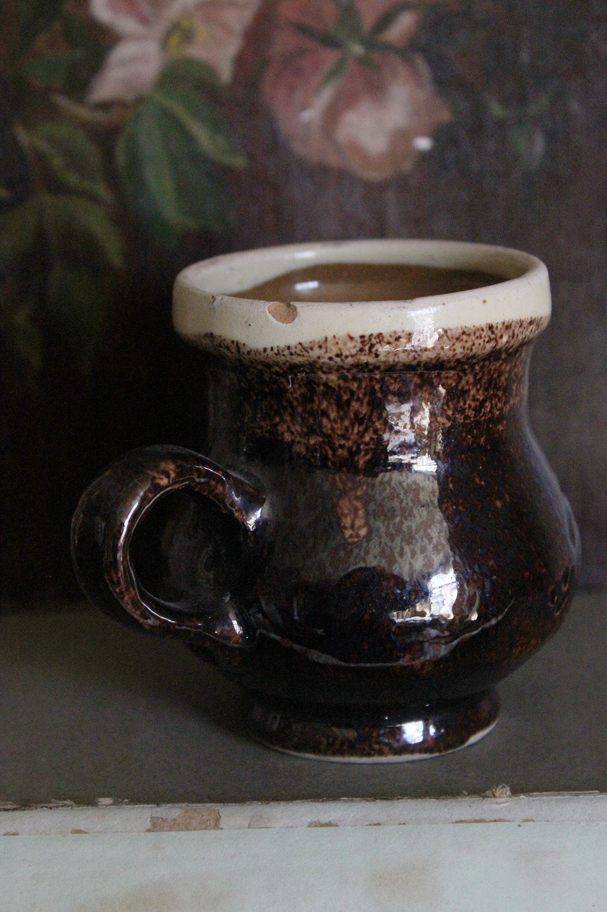Vintage Hand Thrown Coffee Cup - Scribed Floral