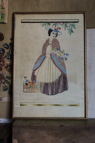 Old Framed Embroidery - Flower Girl - 