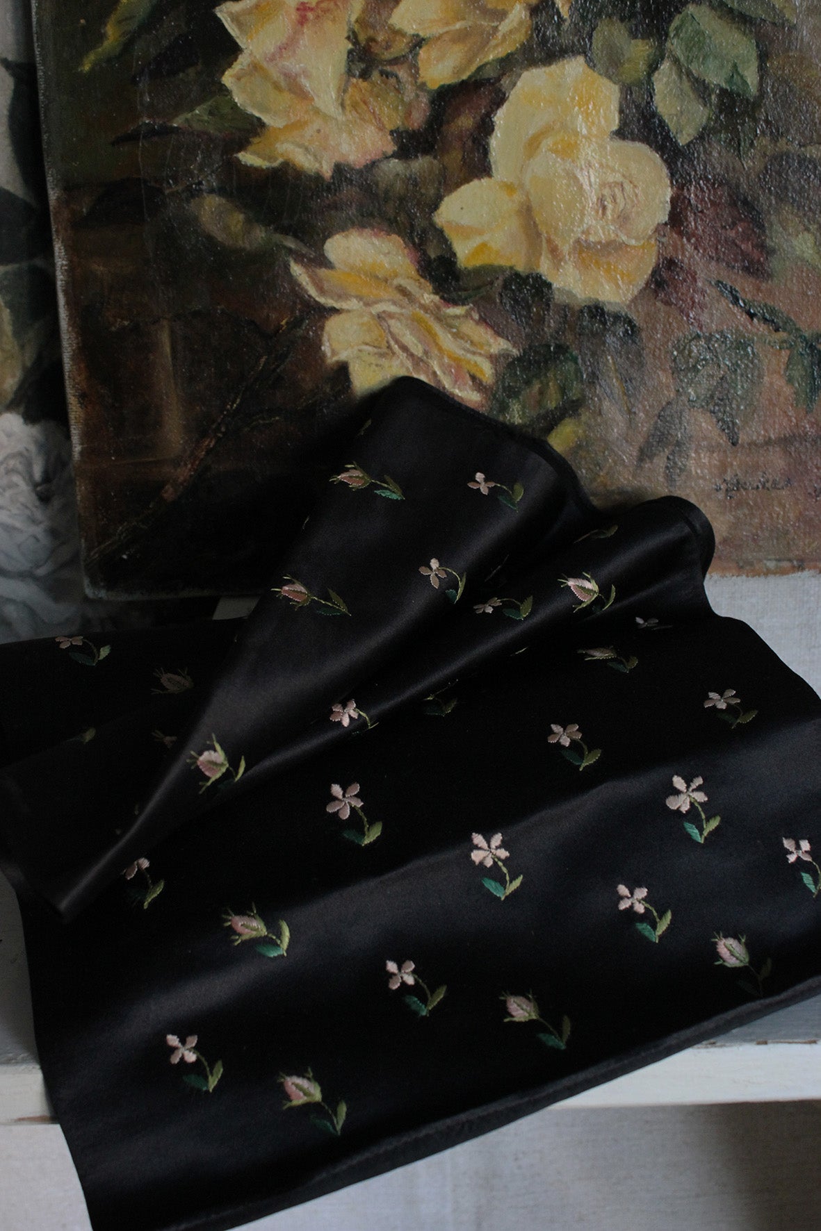 Twenties Hand Embroidered Black Satin Dress Scarf