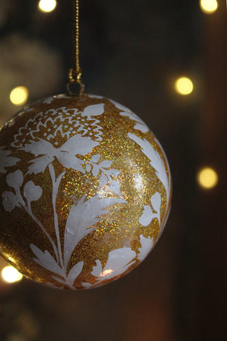 Hand Painted Ornament - White & Gold Floral