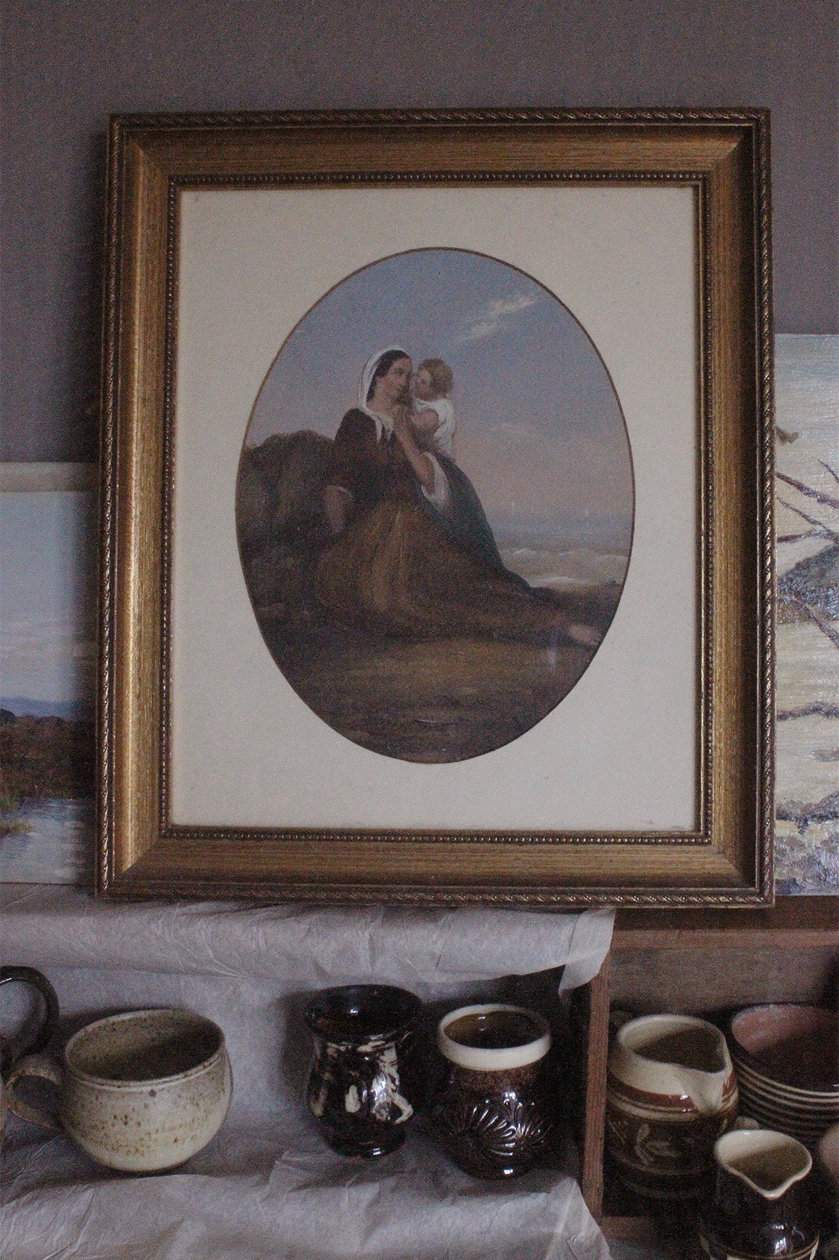 Beautiful Vintage Painting - Mother & Child Waiting at The Beach