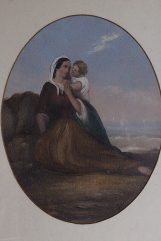Beautiful Vintage Painting - Mother & Child Waiting at The Beach