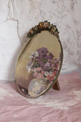 Antique Metal Rimmed Floral Tray