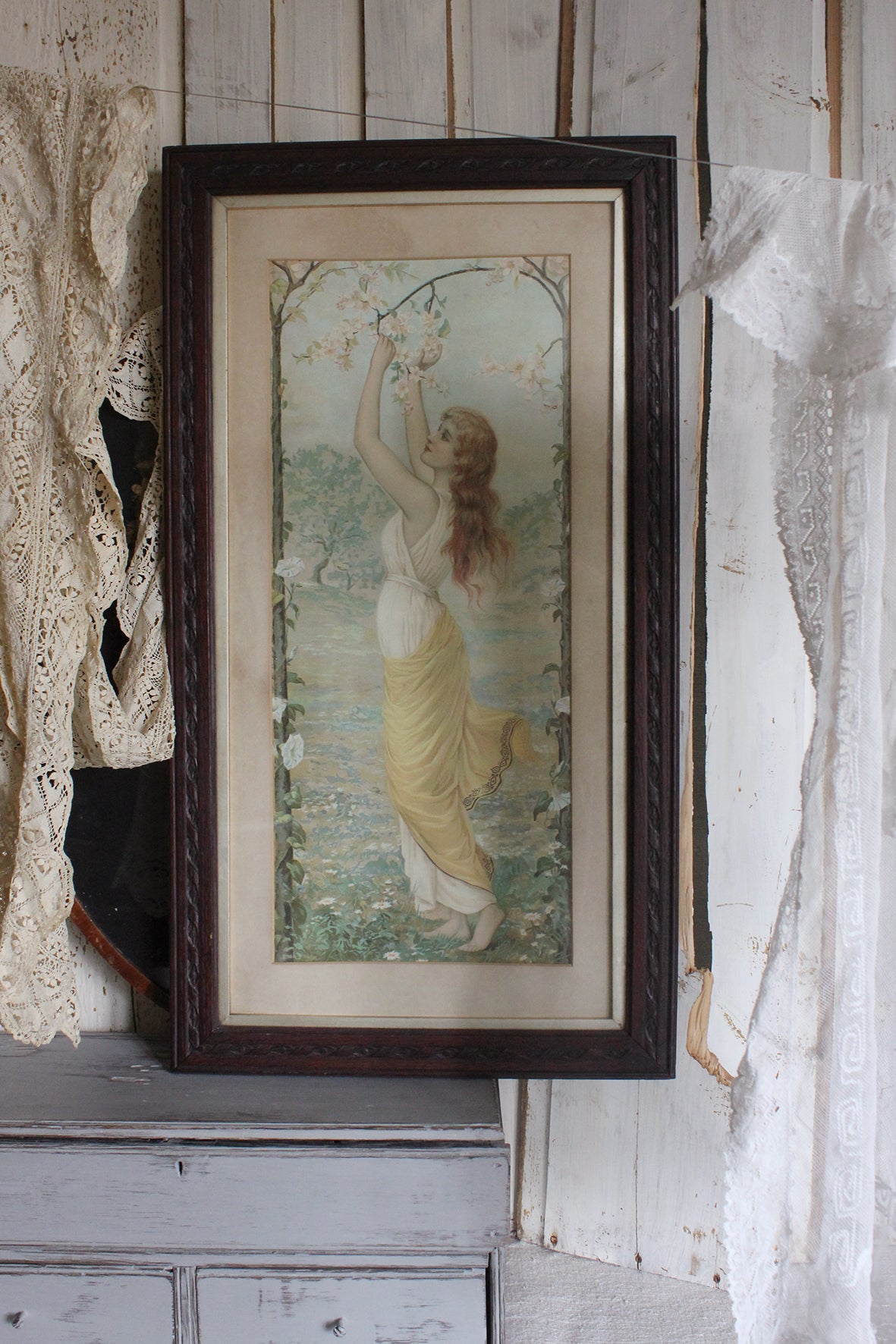 Beautiful Old Victorian Print in Carved Frame - Blossom