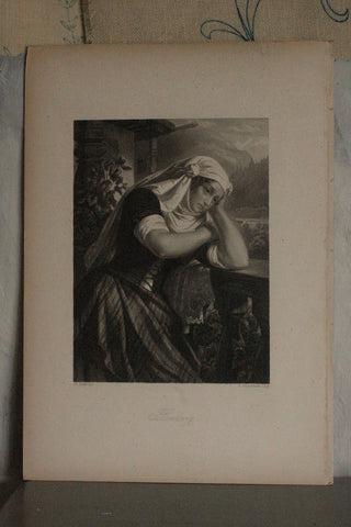 Old French Print on Card - Contemplation