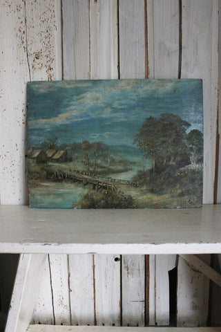 Old Oil Landscape Painting on Board - Landscape Blues