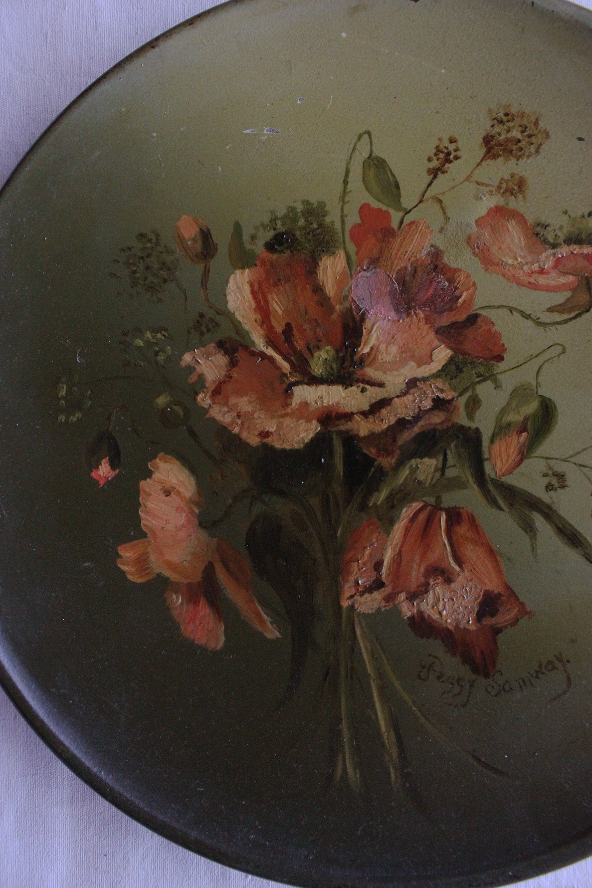 Hand Painted Victorian Metal Plate - Papavers
