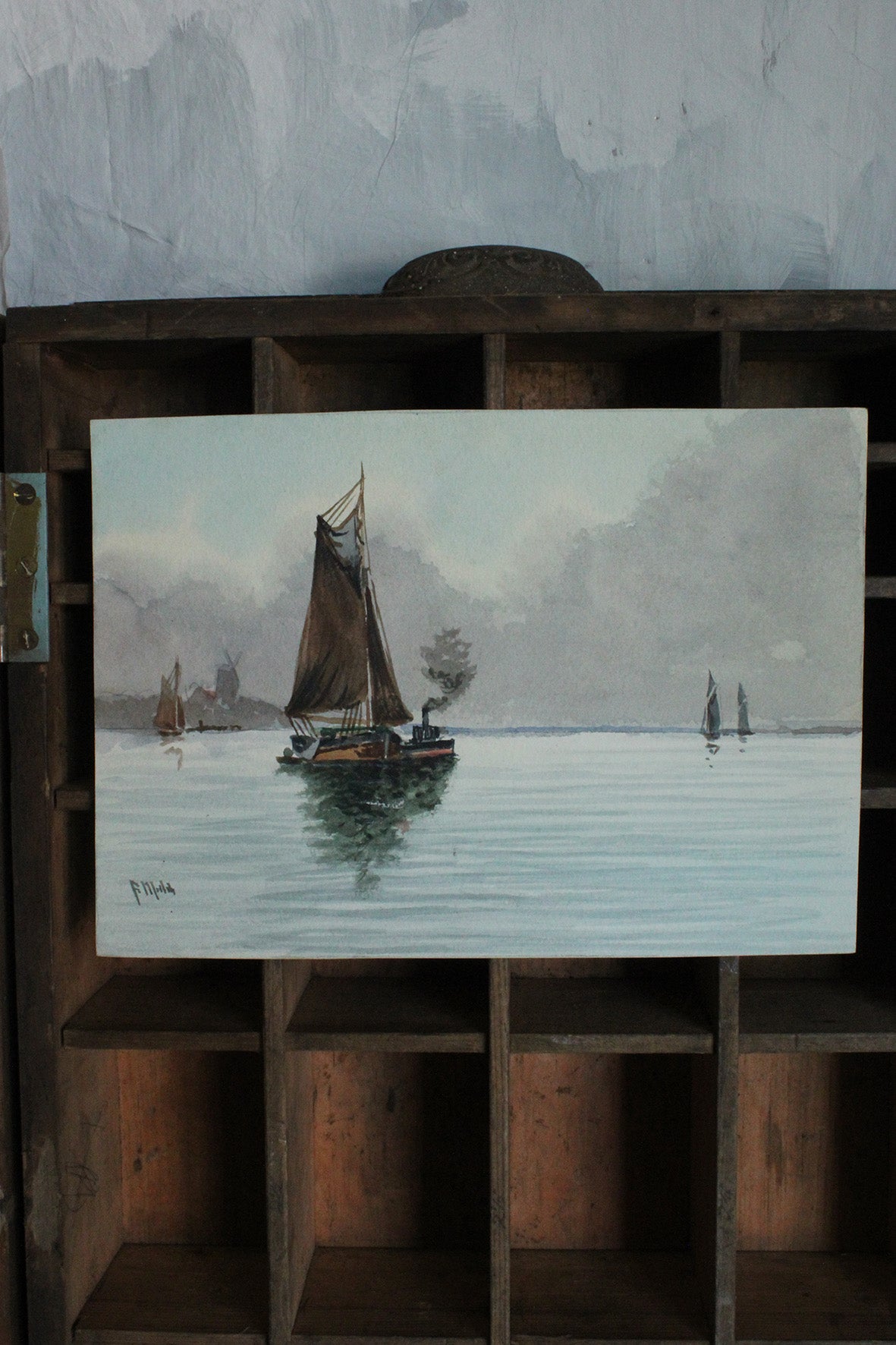 Old Watercolour Of Fishing Boats