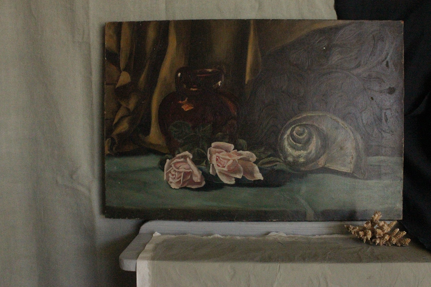 Old Still Life Oil Painting on Canvas - Shell & Roses