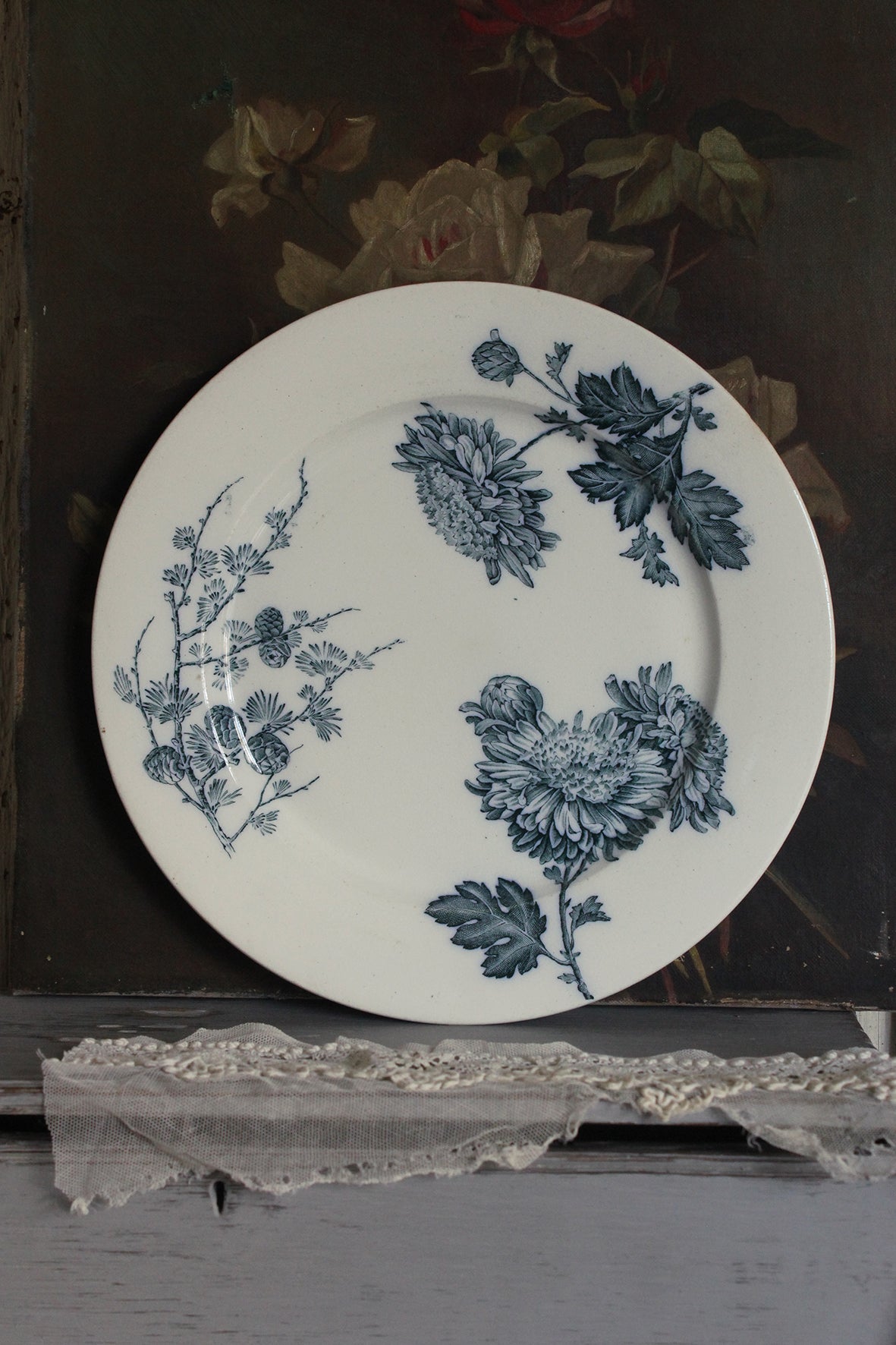 Old Stoneware Floral Transfer Plate